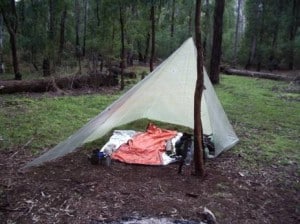 8' x 8' cuben tarp with wings can be pitched as a 'fire' shelter (as shown) or used as a hammock tarp (one end closed as storm shelter) 200 grams Hernes Spur Wonnangatta River 2011-11-18.