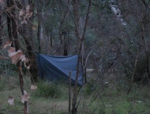 Hammock camp Mt Darling Creek 2008/09/21: Large storm tarp shown (unnecessary even for Fiordland, but VERY dry)