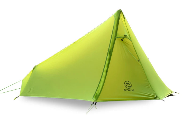 Lime-green triangular camping tent set up with guy lines on a white background, showing a bright peak and side door window. Brand logo near the base visible.